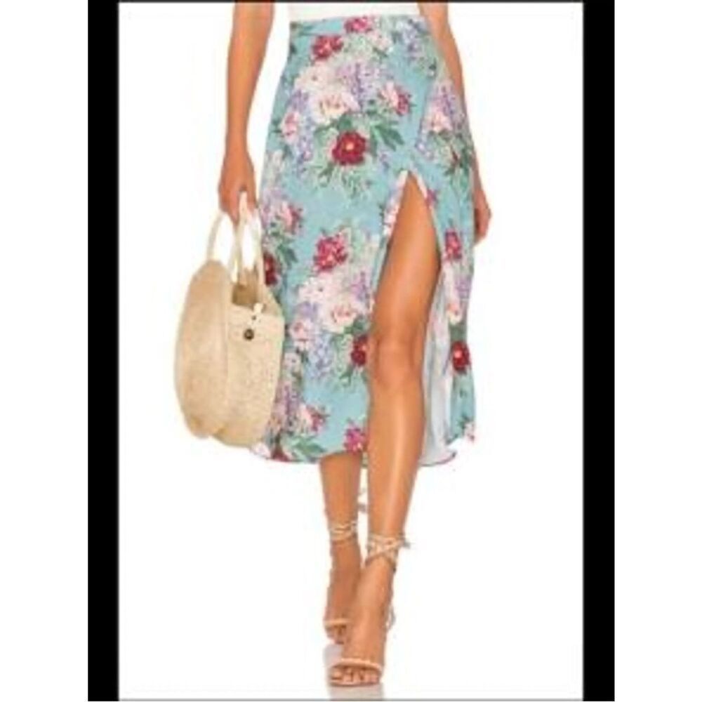 Anthropologie Show Me Your MuMu Aqua Floral Wrap Midi Skirt with Side Slit